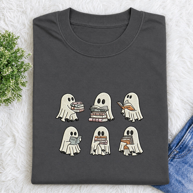 Embroidered Halloween Ghost Book Classic Crew Neck T-Shirt