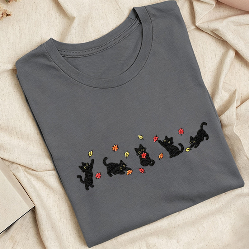 Embroidered Autumn Leaves Black Cats Classic Adult Unisex Crew Neck T-Shirt
