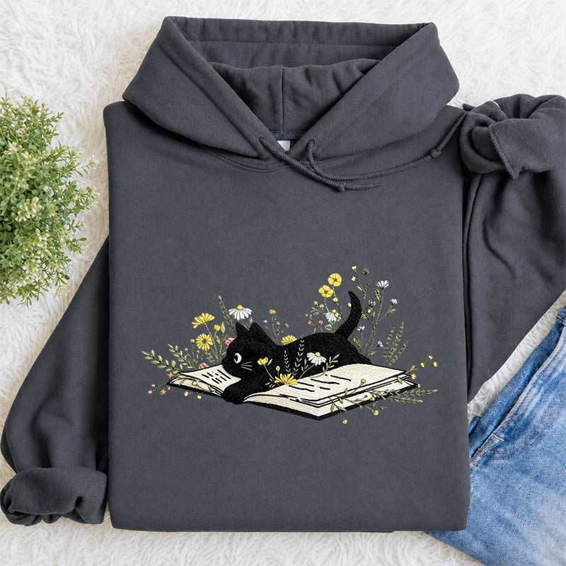 Embroidered Floral Book Cat Classic Adult Unisex Hoodie