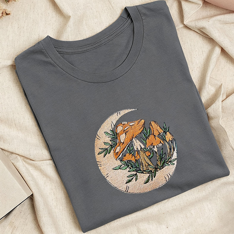Embroidered Mushroom Moon Classic Adult Unisex Crew Neck T-Shirt