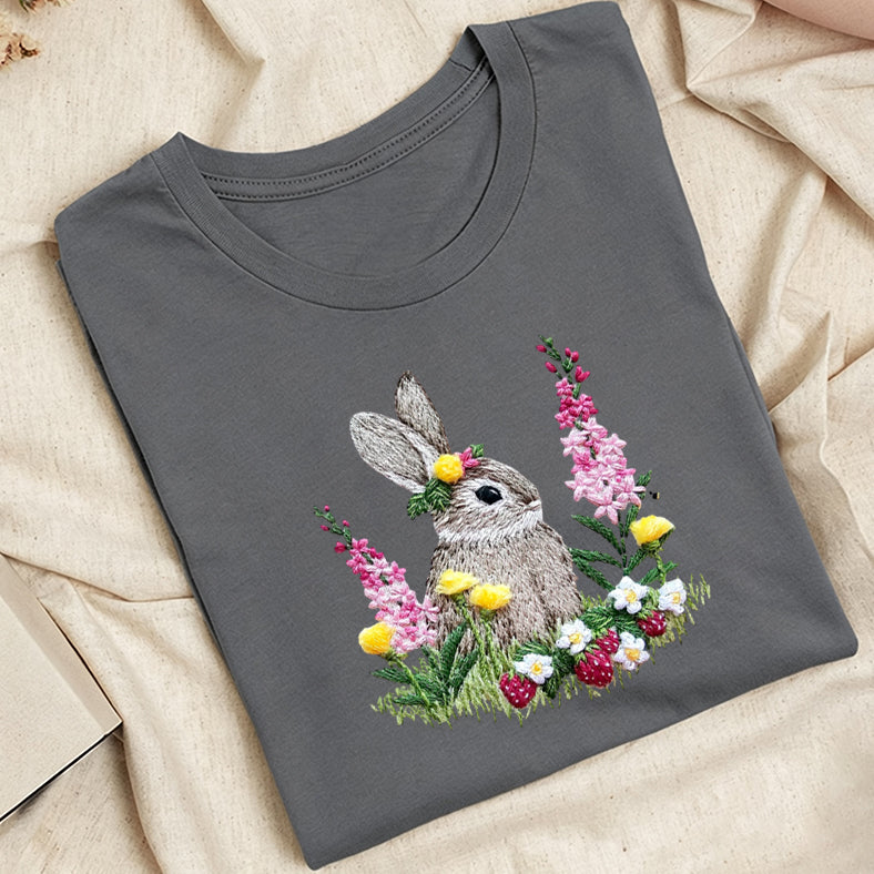 Embroidered Rabbit and Strawberries Classic Adult Unisex Crew Neck T-Shirt