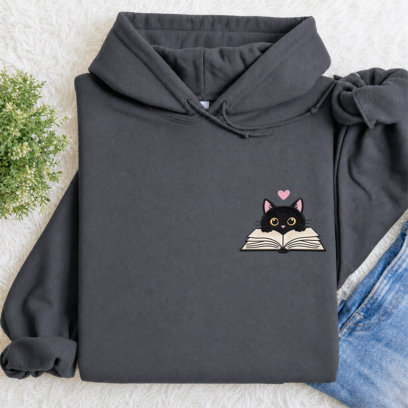 Embroidered Reading Black Cat Classic Adult Unisex Hoodie