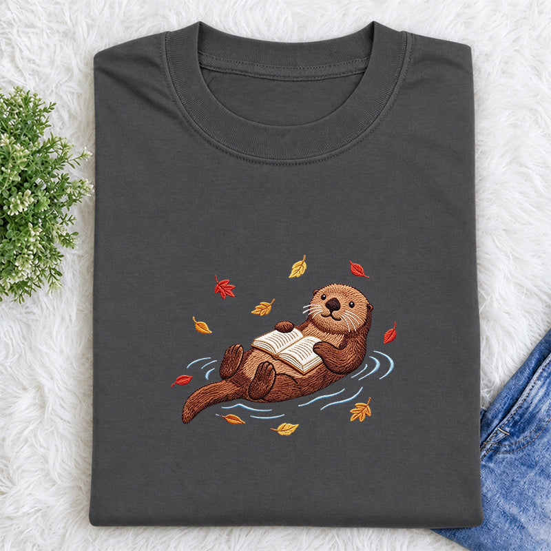 Embroidered Otter Reading Book Classic Crew Neck T-Shirt