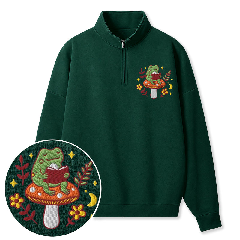 Embroidered Bookish Frog Classic Quarter Zip Sweatshirt