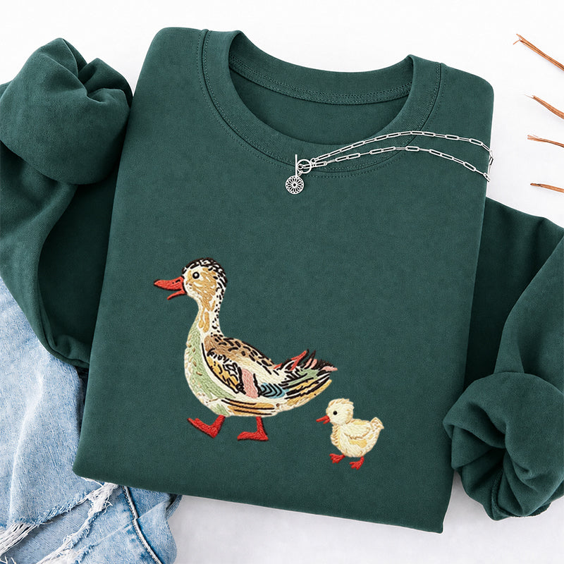 Embroidered Art Mama Duck And Ducklings Classic Crewneck Sweatshirt