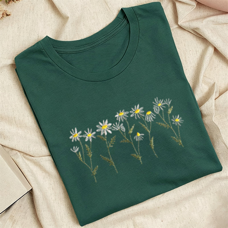 Embroidered Daisy Classic Adult Unisex Crew Neck T-Shirt