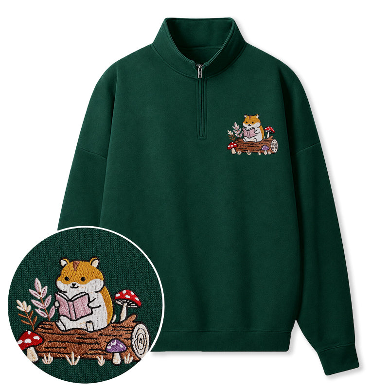 Embroidered Hamster Reading Books Classic Quarter Zip Sweatshirt
