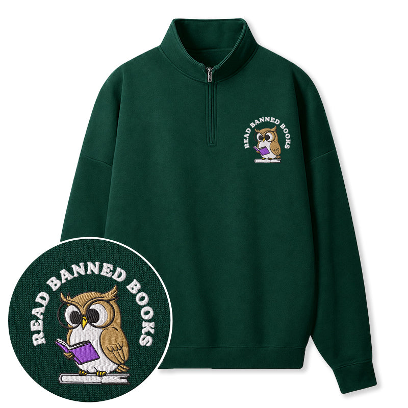 Embroidered Read Banned Books Owl Classic Quarter Zip Sweatshirt