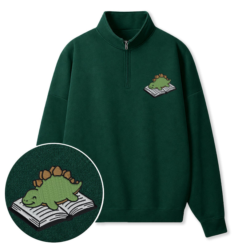 Embroidered Dinosaur Reading Books Classic Quarter Zip Sweatshirt