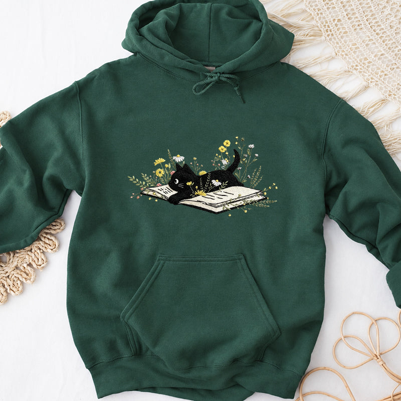 Embroidered Floral Book Cat Classic Adult Unisex Hoodie