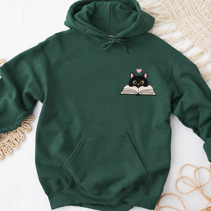 Embroidered Reading Black Cat Classic Adult Unisex Hoodie