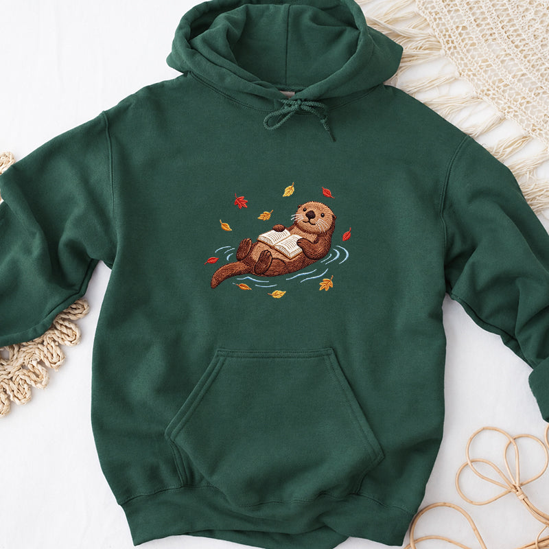 Embroidered Otter Reading Books Classic Adult Unisex Hoodie