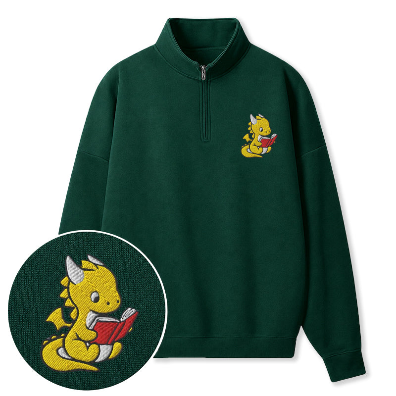 Embroidered Dragon Reading Books Classic Quarter Zip Sweatshirt