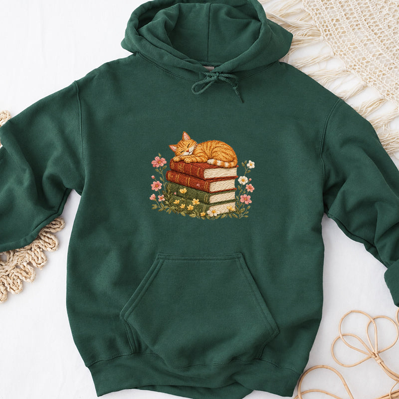 Embroidered Cat Sleeping On Books Classic Adult Unisex Hoodie
