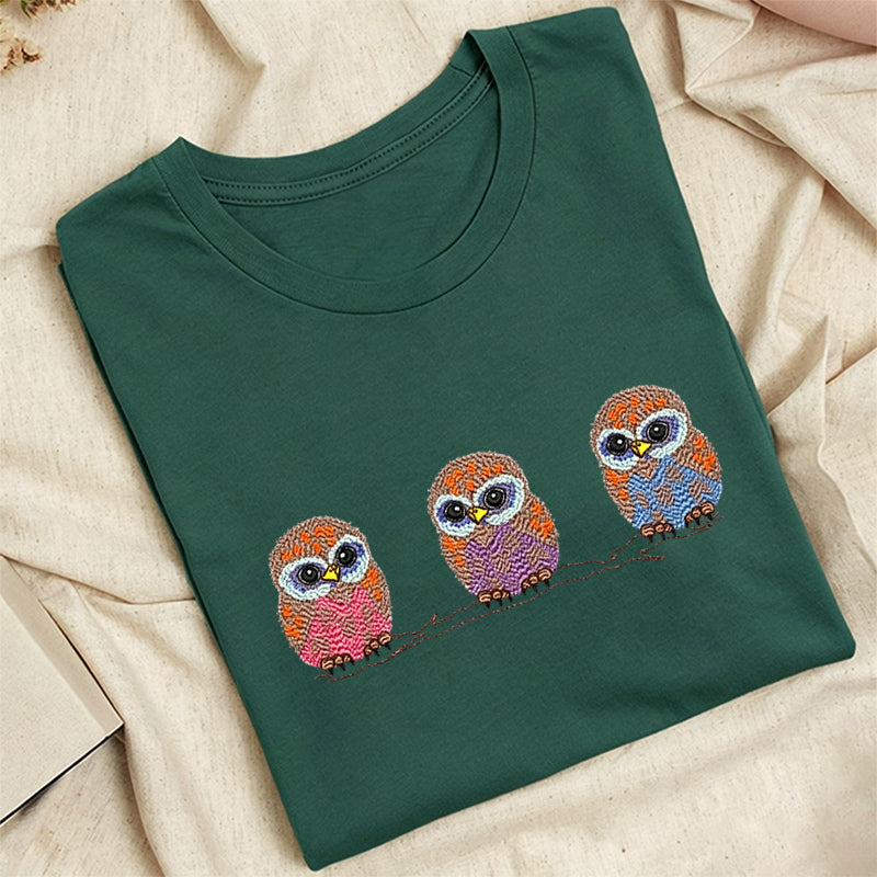 Embroidered Cute Owl Classic Adult Unisex Crew Neck T-Shirt