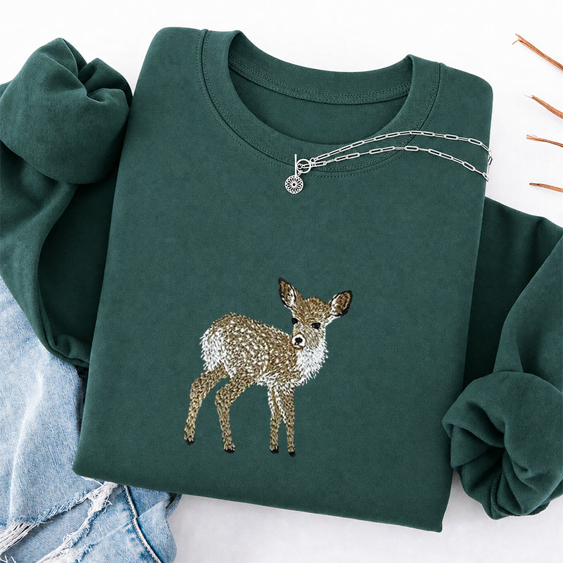 Embroidered Forest Deer Classic Crewneck Sweatshirt