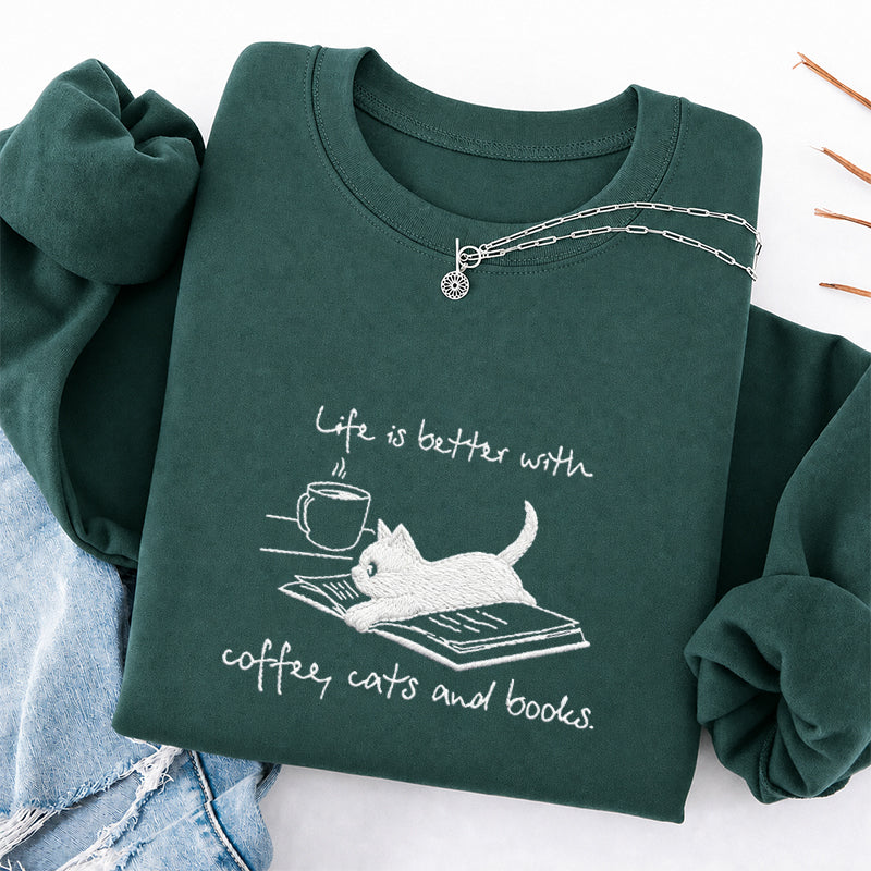 Embroidered Life Is Better With Coffee Book Cat Classic Crewneck Sweatshirt