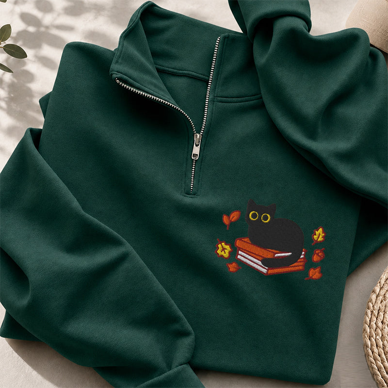 Embroidered Autumn Black Cat Book Classic Quarter Zip Sweatshirt