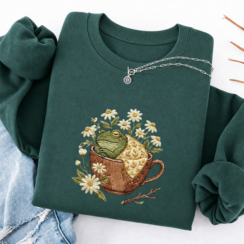Embroidered Frog in Teacup Classic Crewneck Sweatshirt