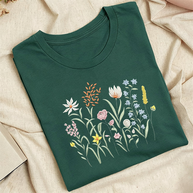 Embroidered Cute Wildflowers Classic Adult Unisex Crew Neck T-Shirt