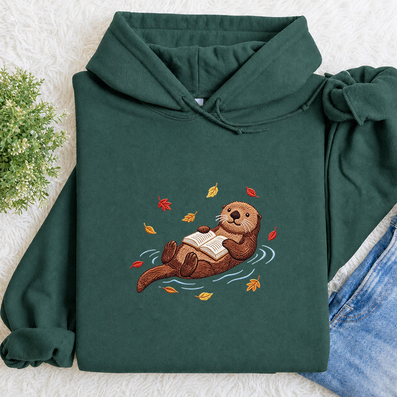 Embroidered Otter Reading Books Classic Adult Unisex Hoodie