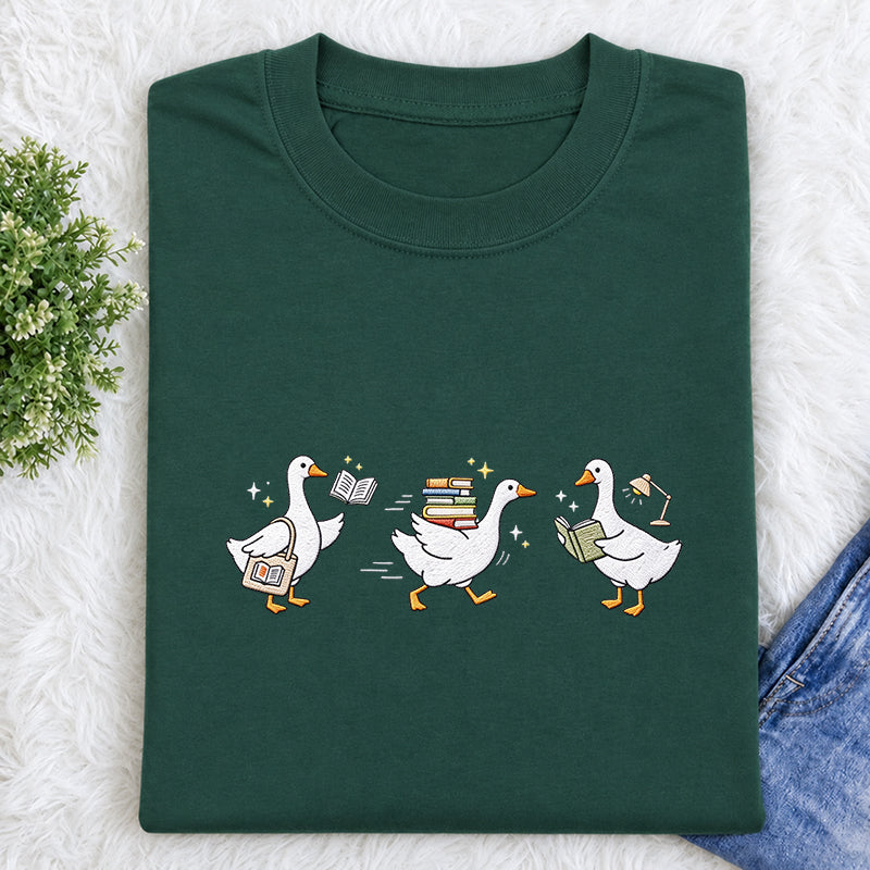 Embroidered Goose Reading Books Classic Crew Neck T-Shirt