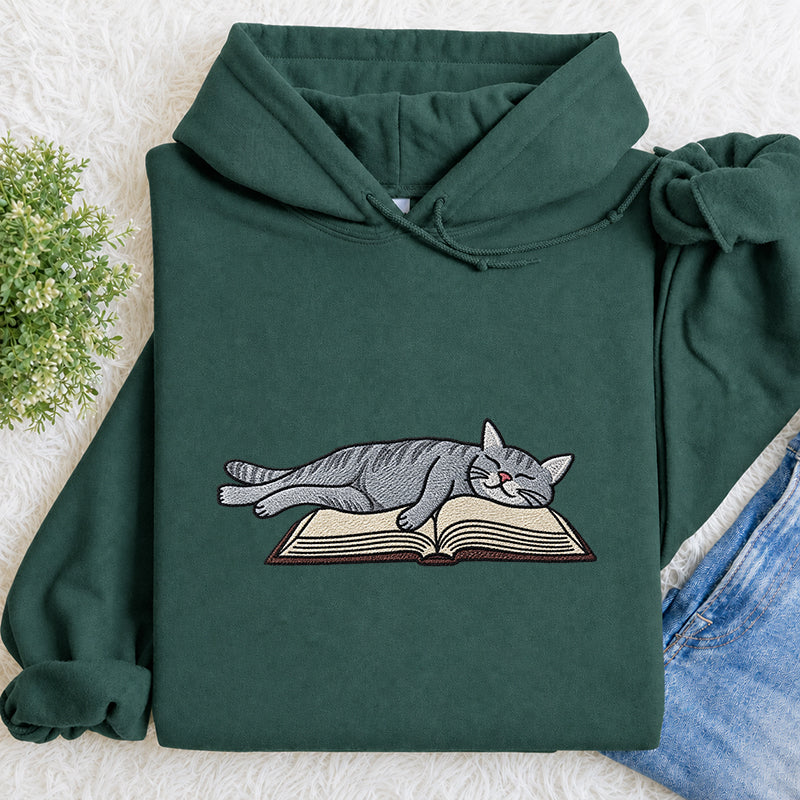 Embroidered Cat Sleeping On Book Classic Adult Unisex Hoodie