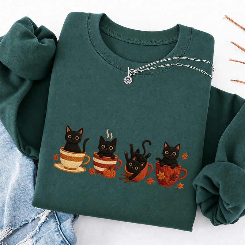 Embroidered Black Cat Coffee Classic Crewneck Sweatshirt