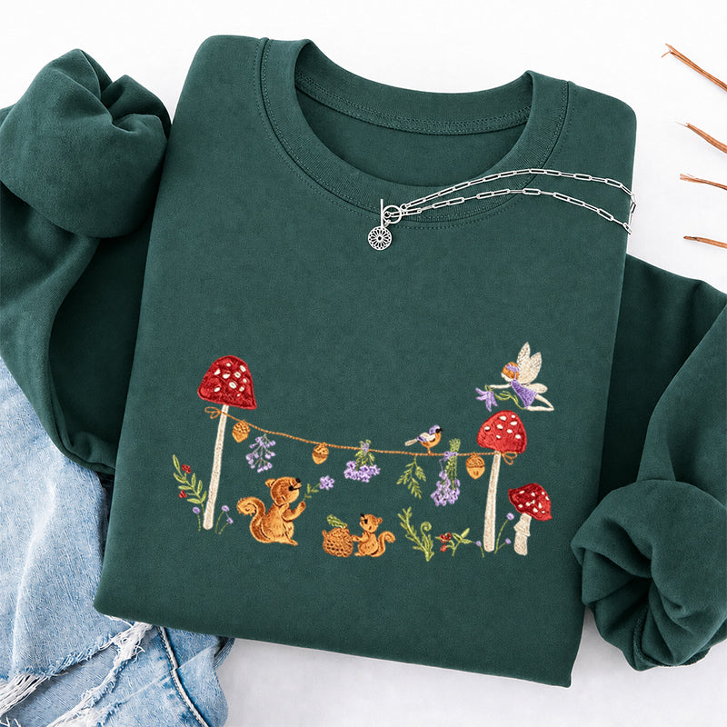 Embroidered Squirrel Woodland Fairy Tale Classic Crewneck Sweatshirt