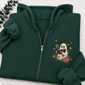 Embroidered Floral Ghost Reading Classic Full Zip Hoodie