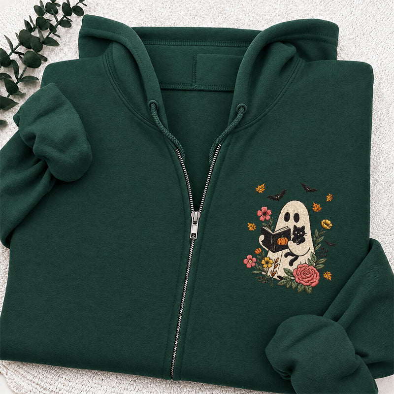 Embroidered Floral Ghost Reading Classic Full Zip Hoodie