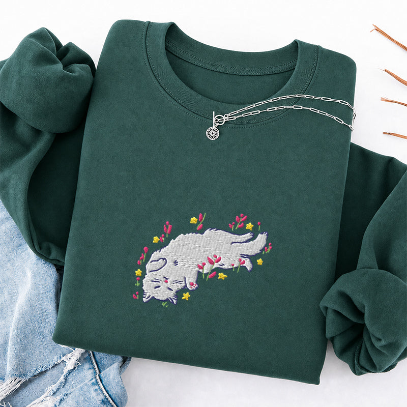 Embroidered Floral Playing Cat Classic Crewneck Sweatshirt