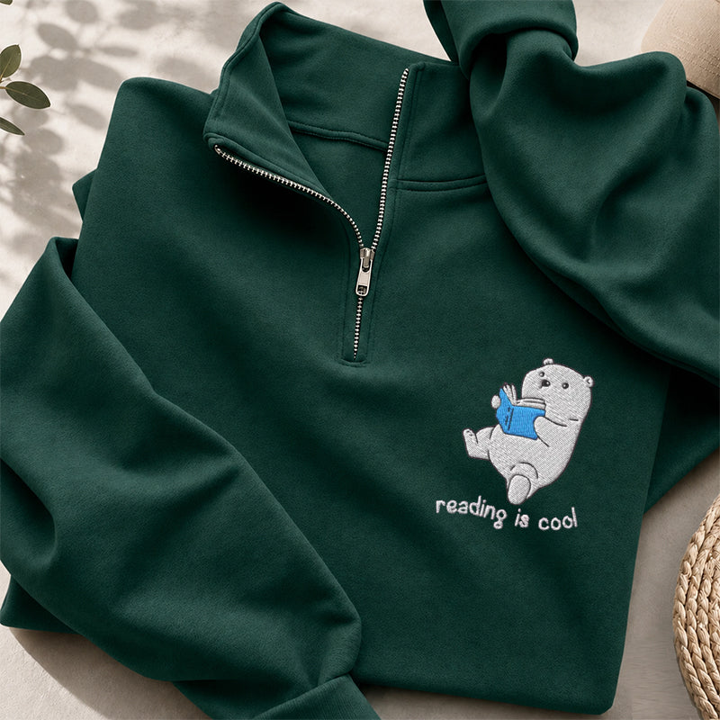 Embroidered Reading Is Cool Polar Bear Classic Quarter Zip Sweatshirt
