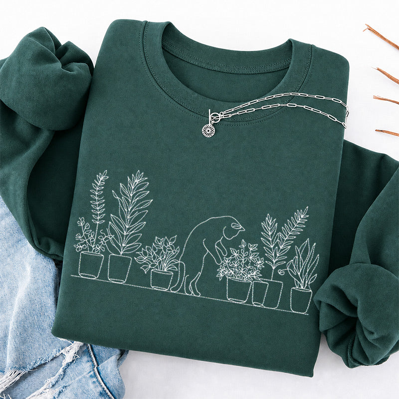 Embroidered Cat and Plant Lover Classic Crewneck Sweatshirt