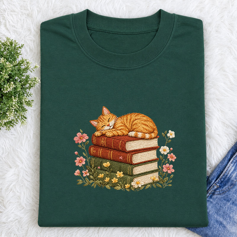 Embroidered Cat Sleeping On Books Classic Crew Neck T-Shirt