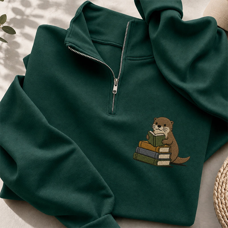 Embroidered Reading Otter Classic Quarter Zip Sweatshirt