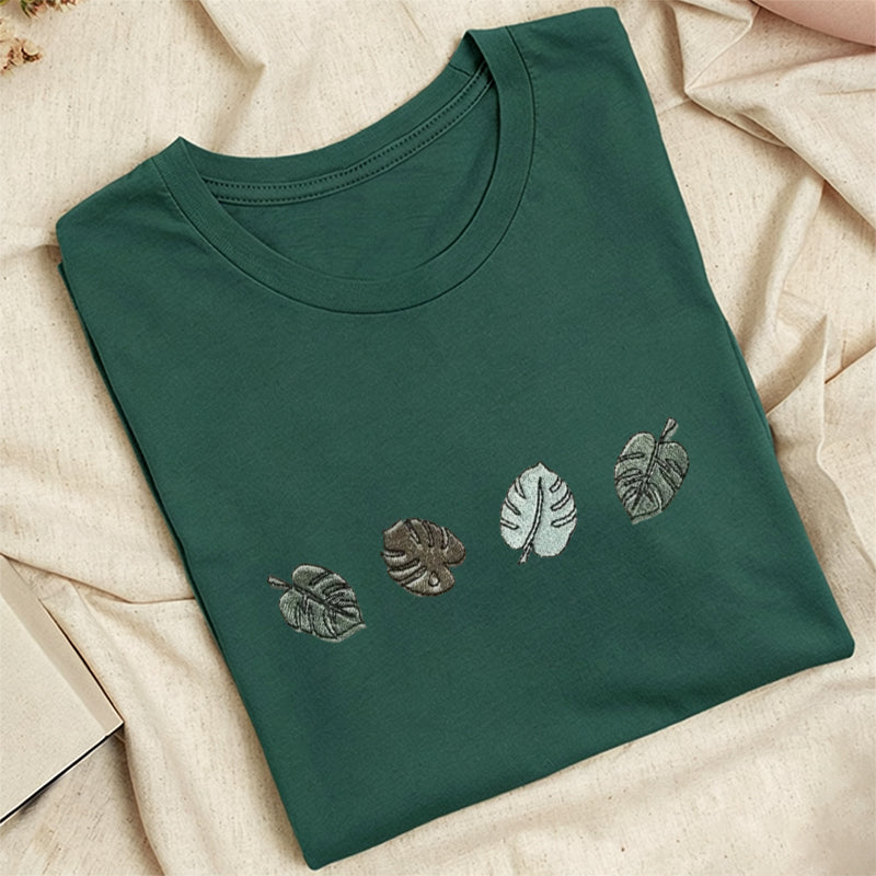 Embroidered Monstera Plant Classic Adult Unisex Crew Neck T-Shirt