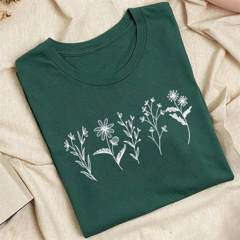 Embroidered Flower Lines Classic Adult Unisex Crew Neck T-Shirt