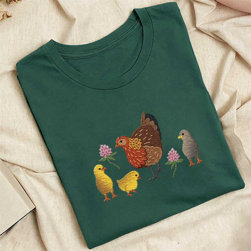 Embroidered Hen & Chicks Classic Adult Unisex Crew Neck T-Shirt