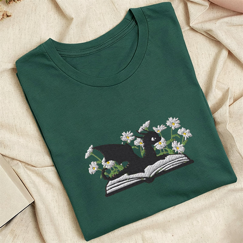 Embroidered Floral Dragon Book Classic Adult Unisex Crew Neck T-Shirt