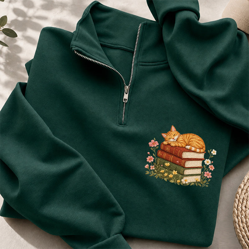 Embroidered Sleeping Cat On Books Classic Quarter Zip Sweatshirt