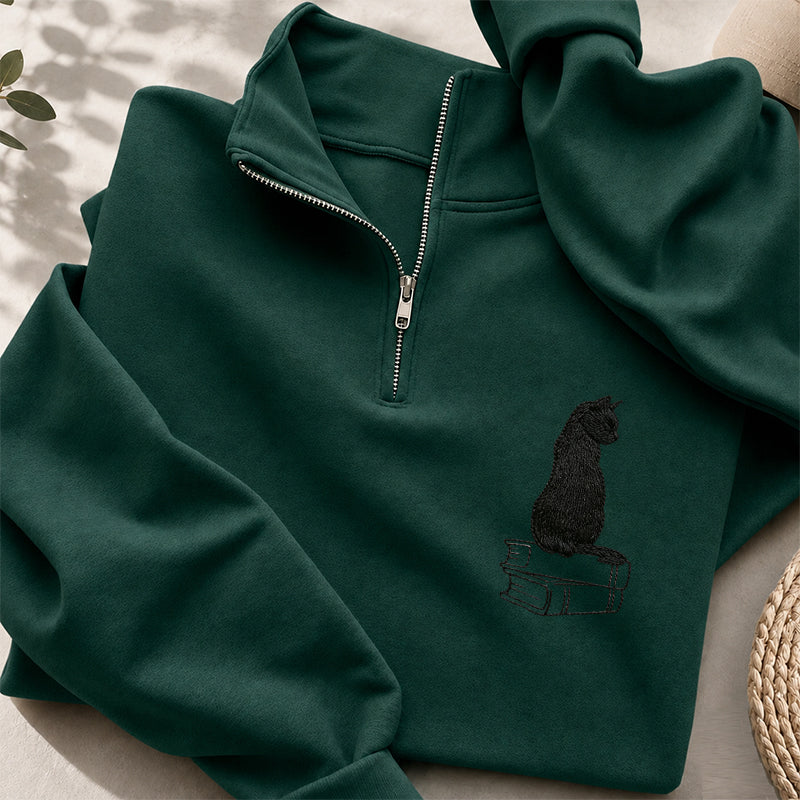Embroidered Black Cat On Books Classic Quarter Zip Sweatshirt