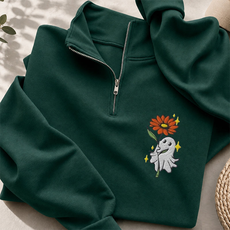 Embroidered Ghost Holding A Flower Classic Quarter Zip Sweatshirt