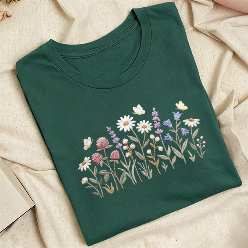 Embroidered Wildflower Classic Adult Unisex Crew Neck T-Shirt