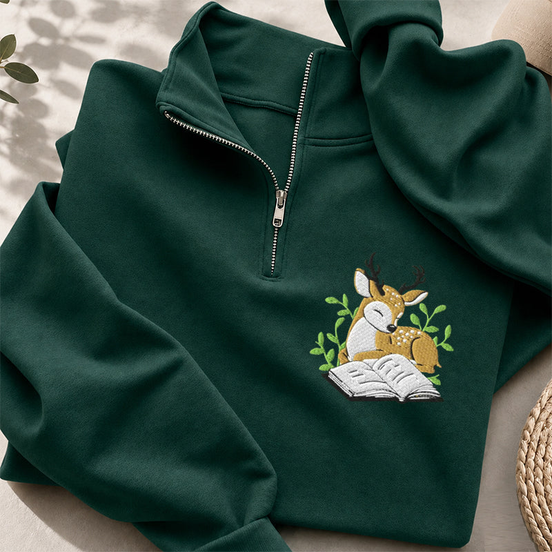 Embroidered Deer Book Classic Quarter Zip Sweatshirt