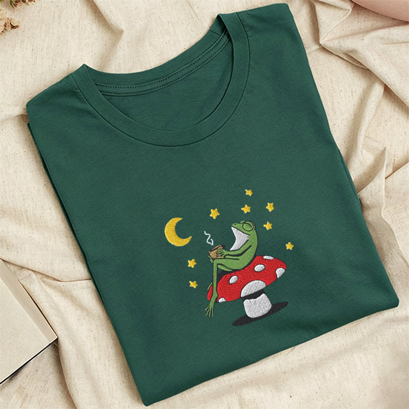 Embroidered Frog Night With Coffee Classic Adult Unisex Crew Neck T-Shirt