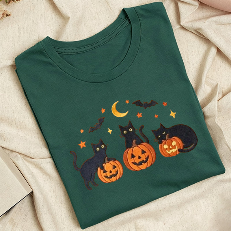 Embroidered Black Cats Pumpkins Classic Adult Unisex Crew Neck T-Shirt