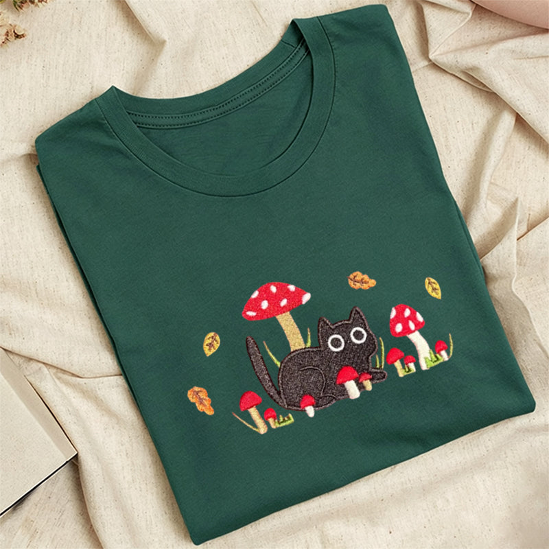 Embroidered Mushroom Cat Classic Adult Unisex Crew Neck T-Shirt