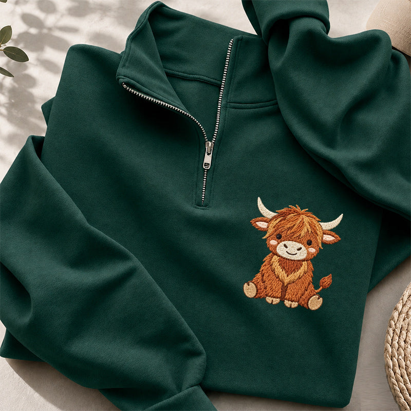 Embroidered Highland Cow Classic Quarter Zip Sweatshirt