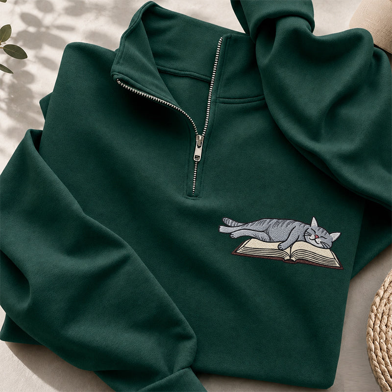 Embroidered Cat Sleeping On The Book Classic Quarter Zip Sweatshirt